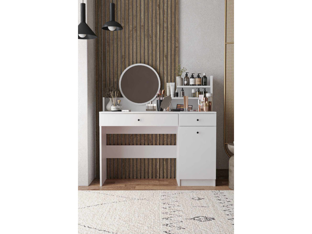 Schminktisch mit rundem Spiegel aus Holz "Harmony Round" - 124 x 40 x 135 cm - Weiß