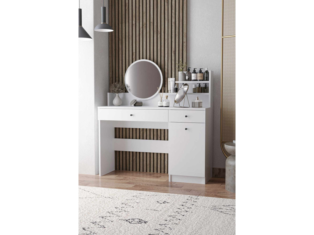 Schminktisch mit rundem Spiegel aus Holz "Harmony Round" - 124 x 40 x 135 cm - Weiß