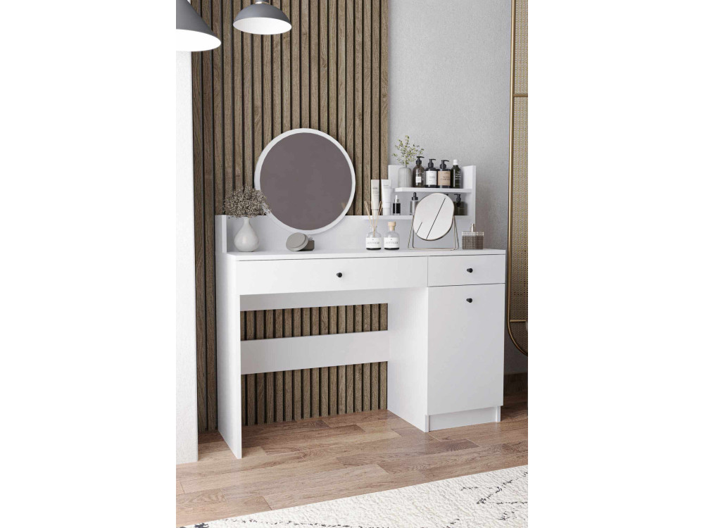 Schminktisch mit rundem Spiegel aus Holz "Harmony Round" - 124 x 40 x 135 cm - Weiß
