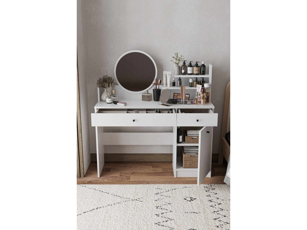 Schminktisch mit rundem Spiegel aus Holz "Harmony Round" - 124 x 40 x 135 cm - Weiß