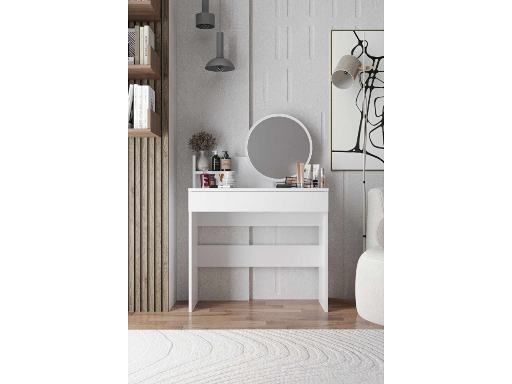 Schminktisch mit Spiegel aus Holz "Harmony Mini Round" - 90 x 40 x 133 cm - Weiß
