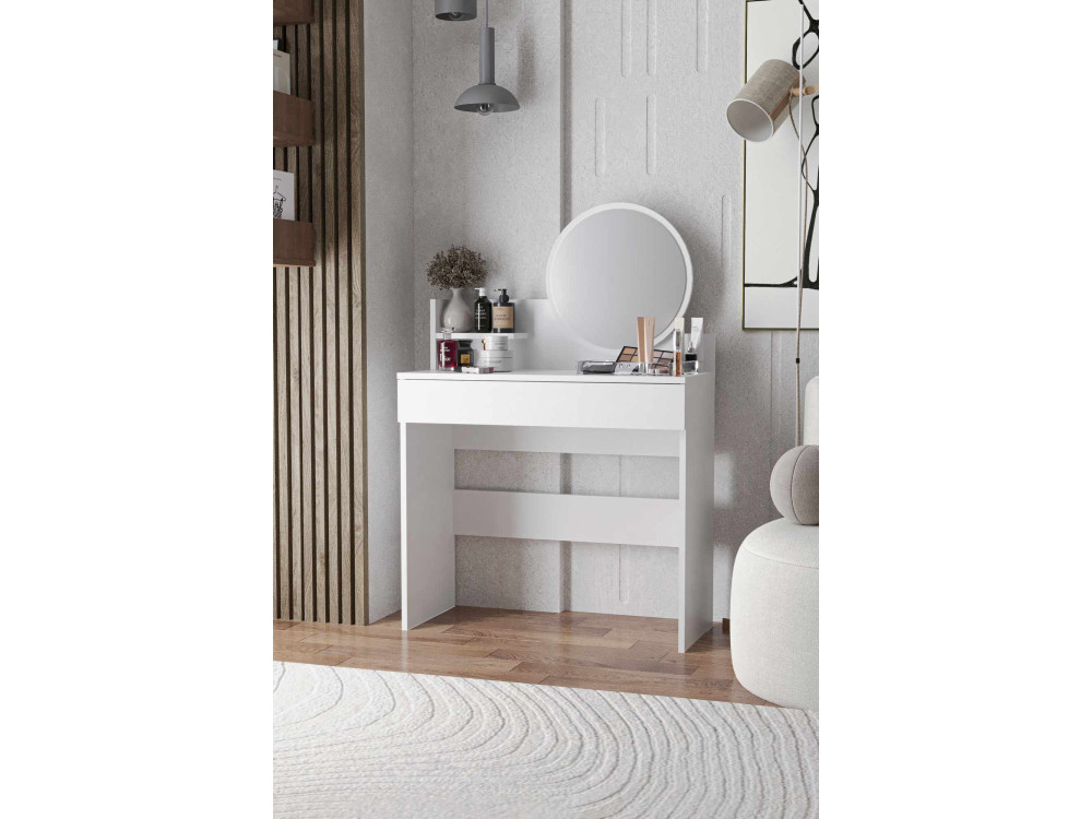 Schminktisch mit Spiegel aus Holz "Harmony Mini Round" - 90 x 40 x 133 cm - Weiß