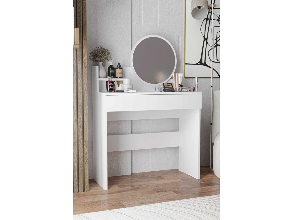 Schminktisch mit Spiegel aus Holz "Harmony Mini Round" - 90 x 40 x 133 cm - Weiß