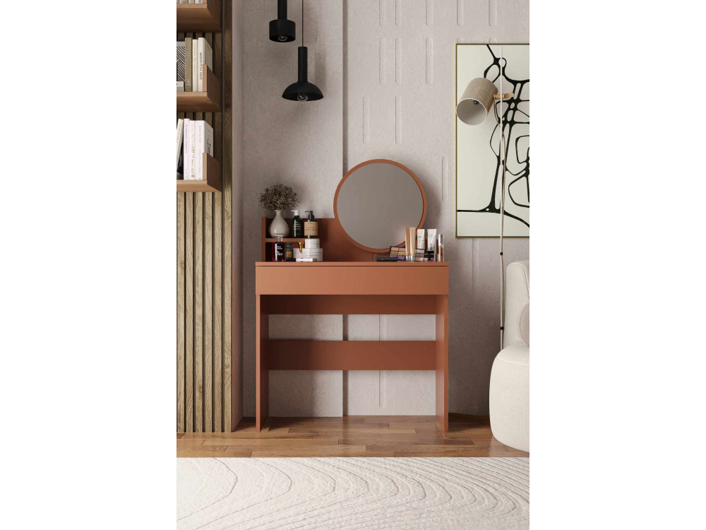 Schminktisch mit Spiegel aus Holz "Harmony Mini Round" - 90 x 40 x 133 cm - Terracotta