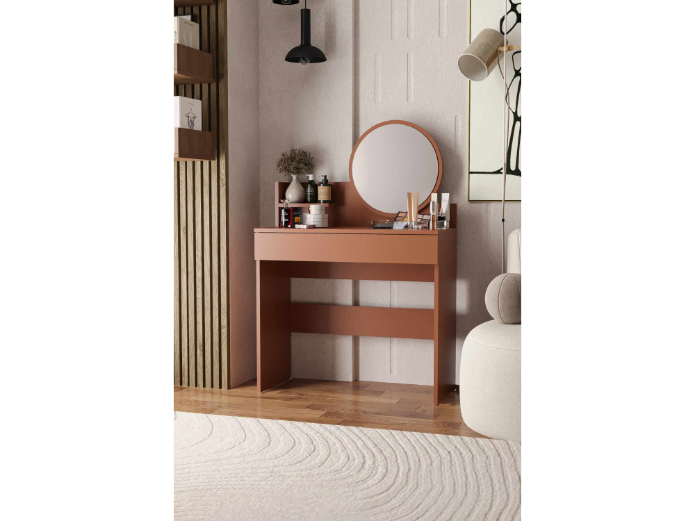 Schminktisch mit Spiegel aus Holz "Harmony Mini Round" - 90 x 40 x 133 cm - Terracotta