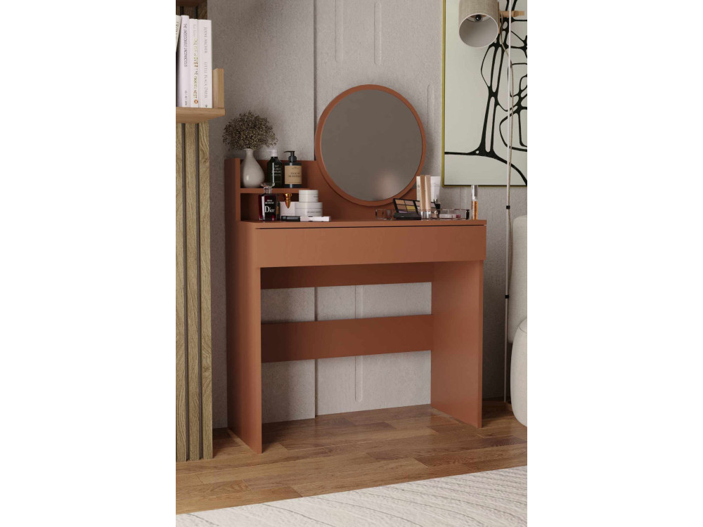 Schminktisch mit Spiegel aus Holz "Harmony Mini Round" - 90 x 40 x 133 cm - Terracotta