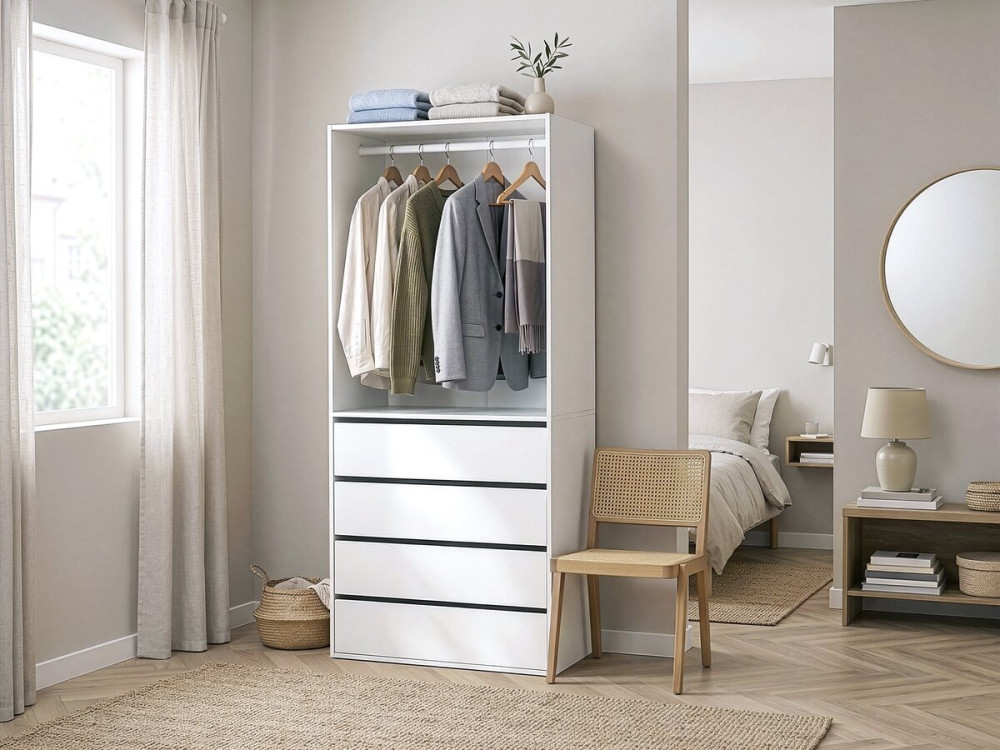 Kleiderschrank mit 4 Schubladen und 1 Garderobe "Opera" - 80 x 45 x 180 cm - Weiß
