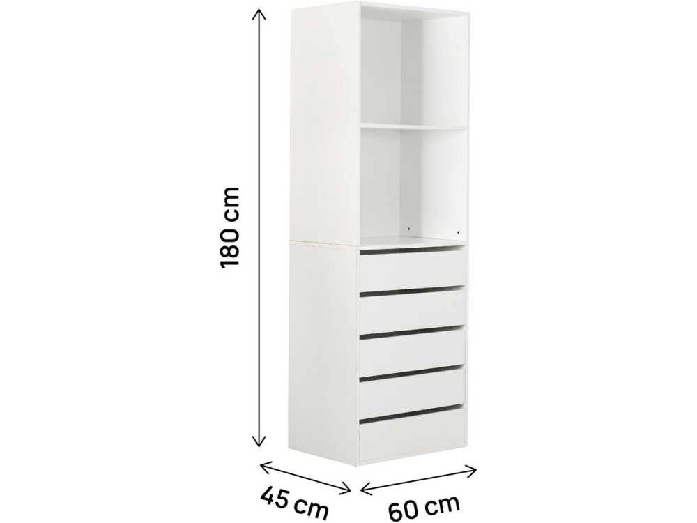 Schrank mit 5 Schubladen und 2 Regalen "Opera" - 60 x 45 x 180 cm - Weiß