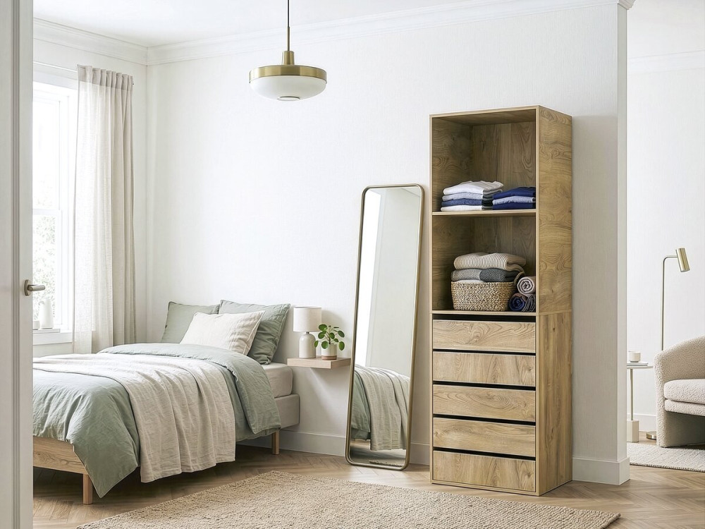 Schrank mit 5 Schubladen und 2 Regalen "Opera" - 60 x 45 x 180 cm - Beige