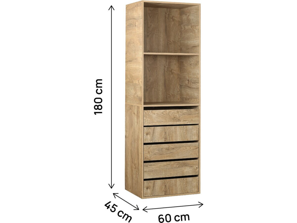 Schrank mit 5 Schubladen und 2 Regalen "Opera" - 60 x 45 x 180 cm - Beige