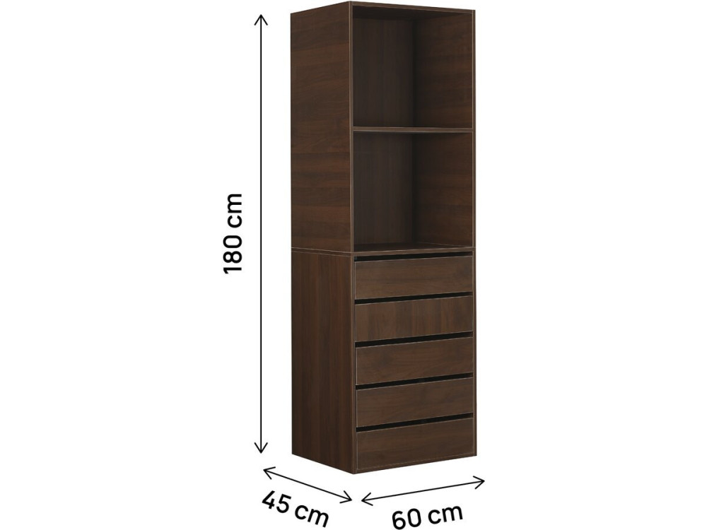 Schrank mit 5 Schubladen und 2 Regalen "Opera" - 60 x 45 x 180 cm - Braun