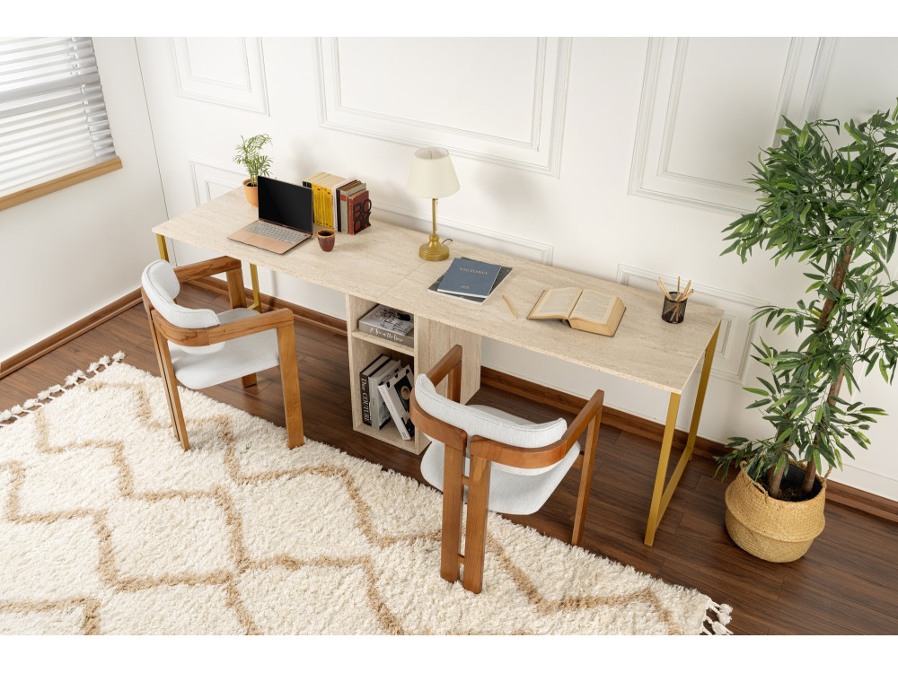 Schreibtisch „Twin Study Desk“ – 240 x 60 x 74 cm – Travertin Gold
