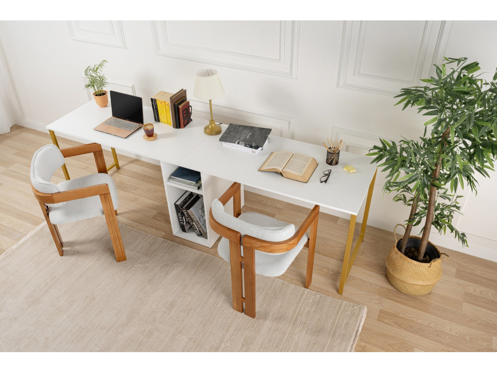Schreibtisch „Twin Study Desk“ aus Holz – 240 x 60 x 74 cm – Goldweiß