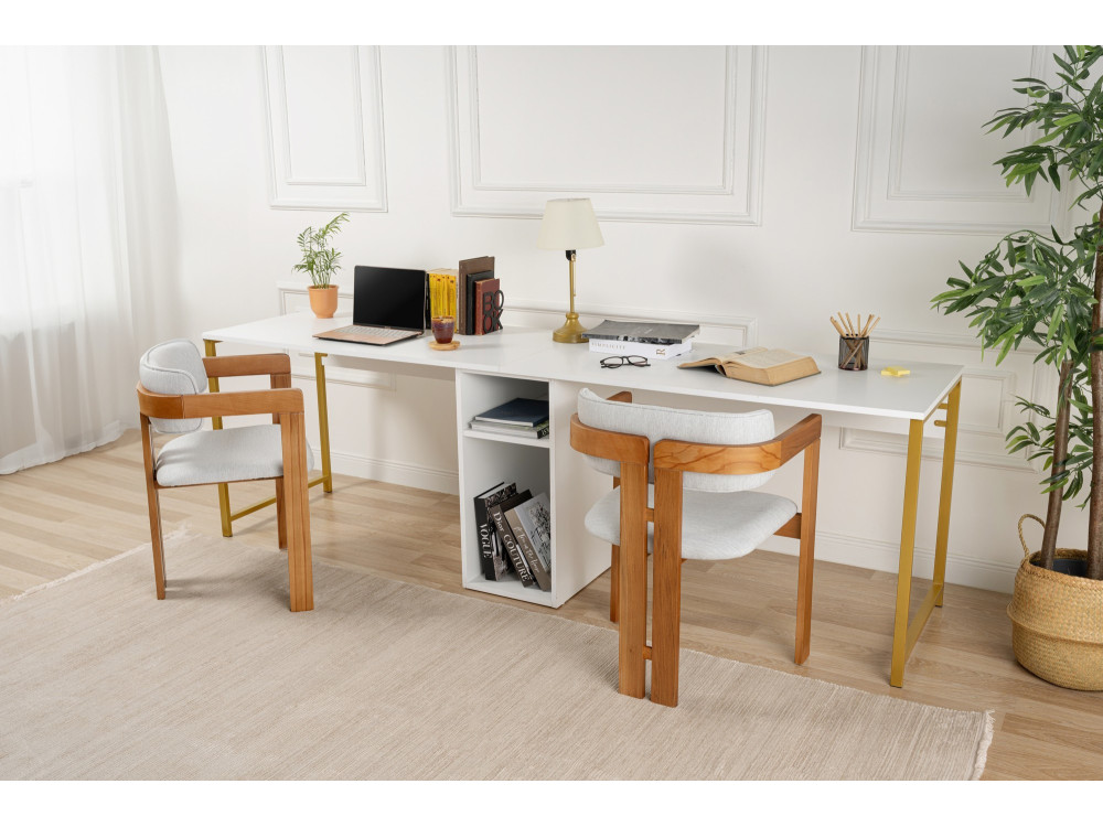 Schreibtisch „Twin Study Desk“ aus Holz – 240 x 60 x 74 cm – Goldweiß
