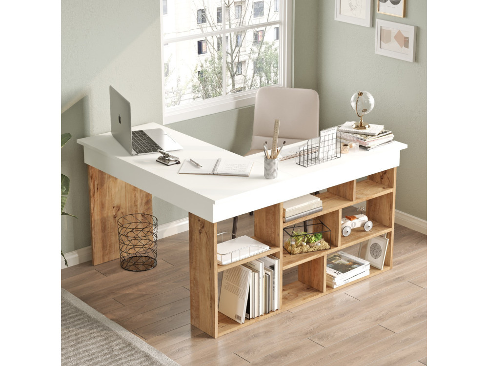 Holzschreibtisch "CT5" - 129 x 120 x 72 cm - Atlantikkiefer Weiß