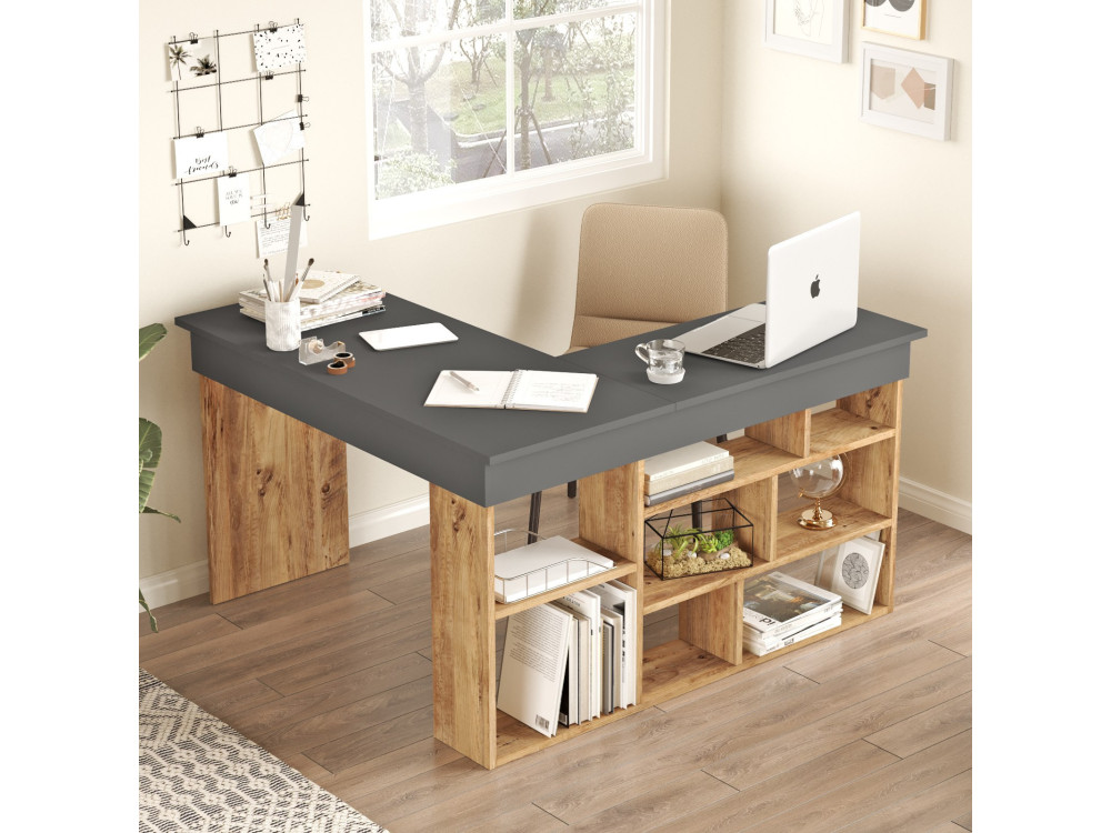 Holzschreibtisch "CT5" - 129 x 120 x 72 cm - Atlantikkiefer Anthrazit