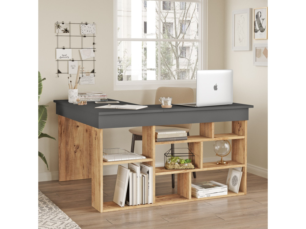 Holzschreibtisch "CT5" - 129 x 120 x 72 cm - Atlantikkiefer Anthrazit