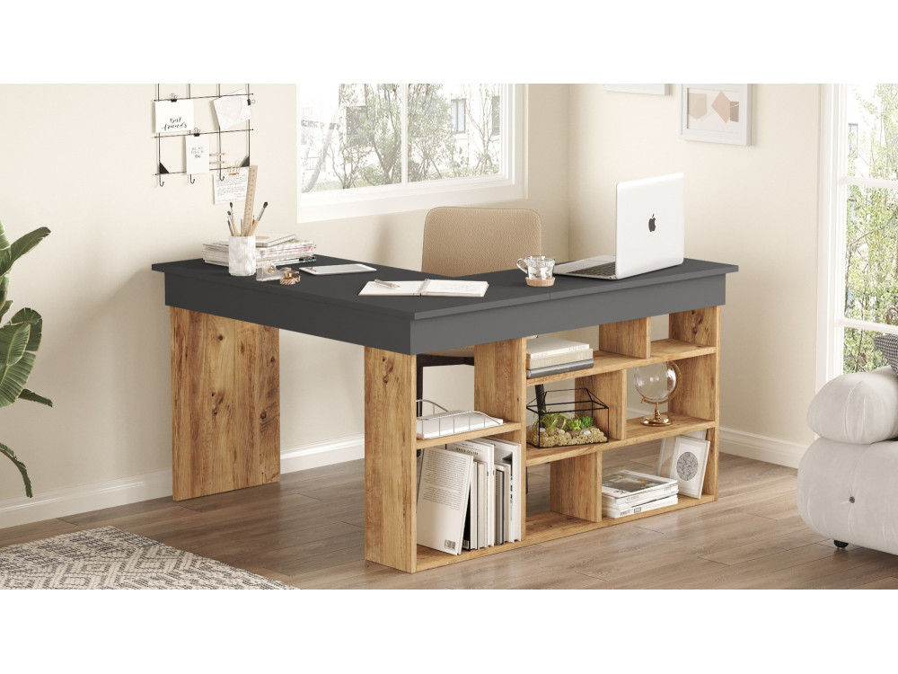 Holzschreibtisch "CT5" - 129 x 120 x 72 cm - Atlantikkiefer Anthrazit