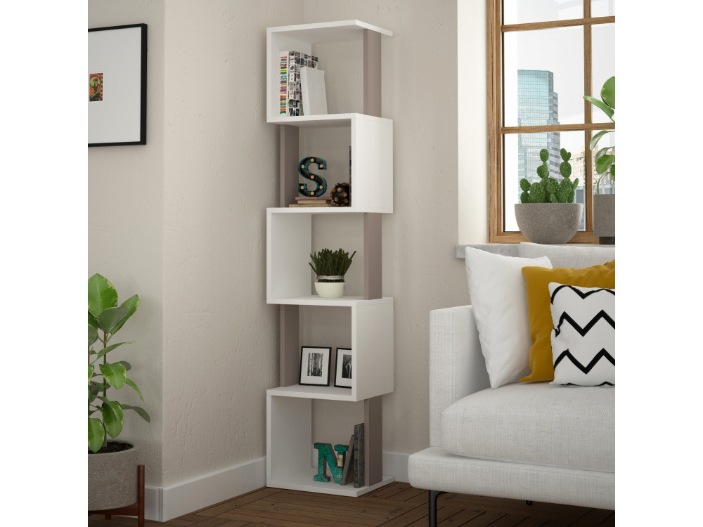 Bücherregal „Piri“ aus Holz  – 35 x 30 x 161 cm – Hellmokka, Weiß