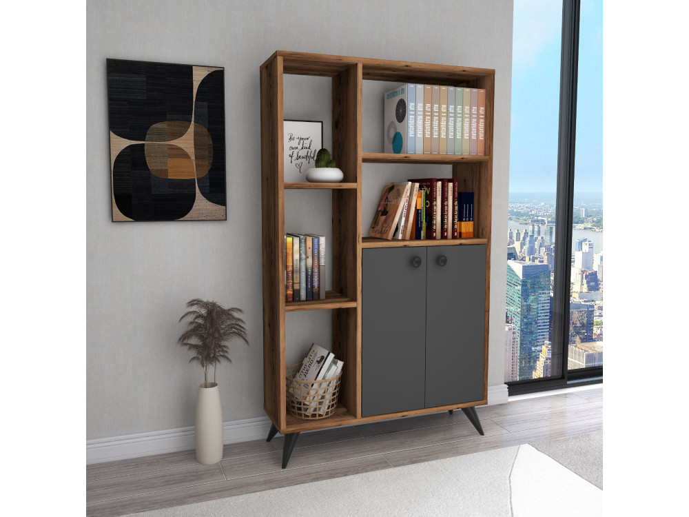 Holz Bücherregal "Meldan" - 80 x 25 x 135 cm - Walnuss Hell, Anthrazit