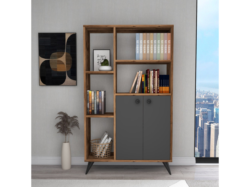 Holz Bücherregal "Meldan" - 80 x 25 x 135 cm - Walnuss Hell, Anthrazit