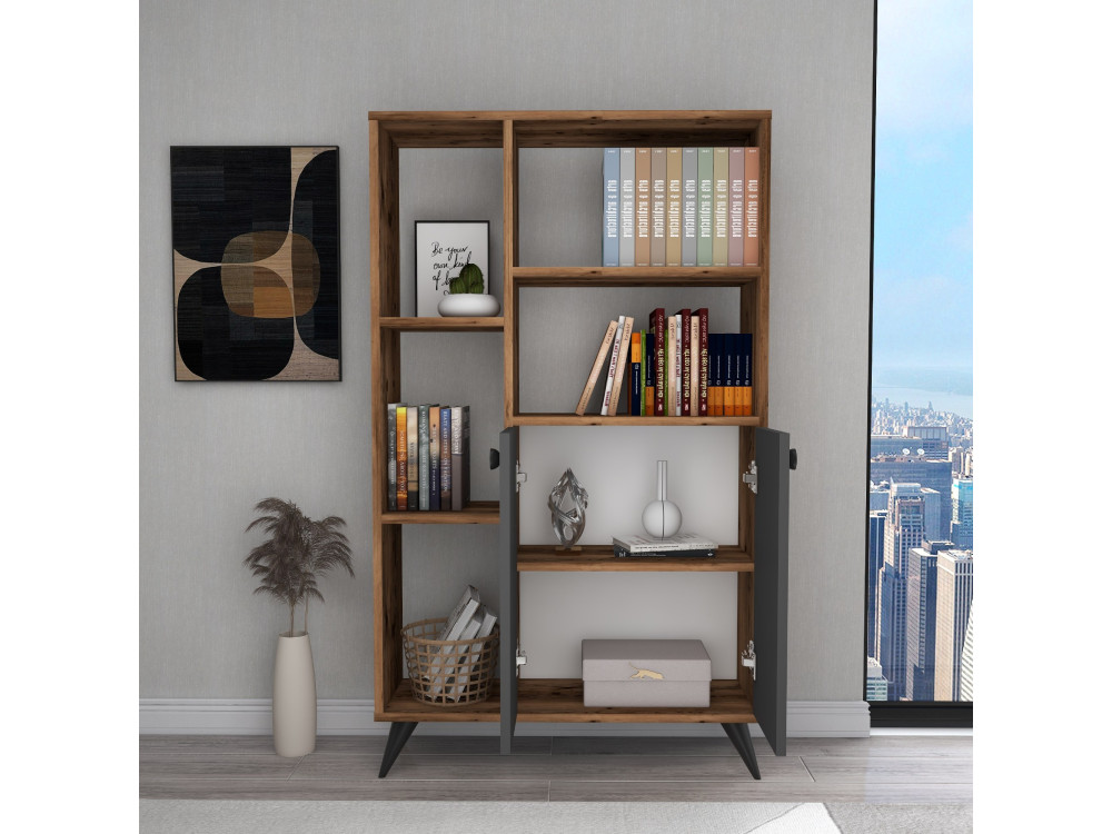 Holz Bücherregal "Meldan" - 80 x 25 x 135 cm - Walnuss Hell, Anthrazit