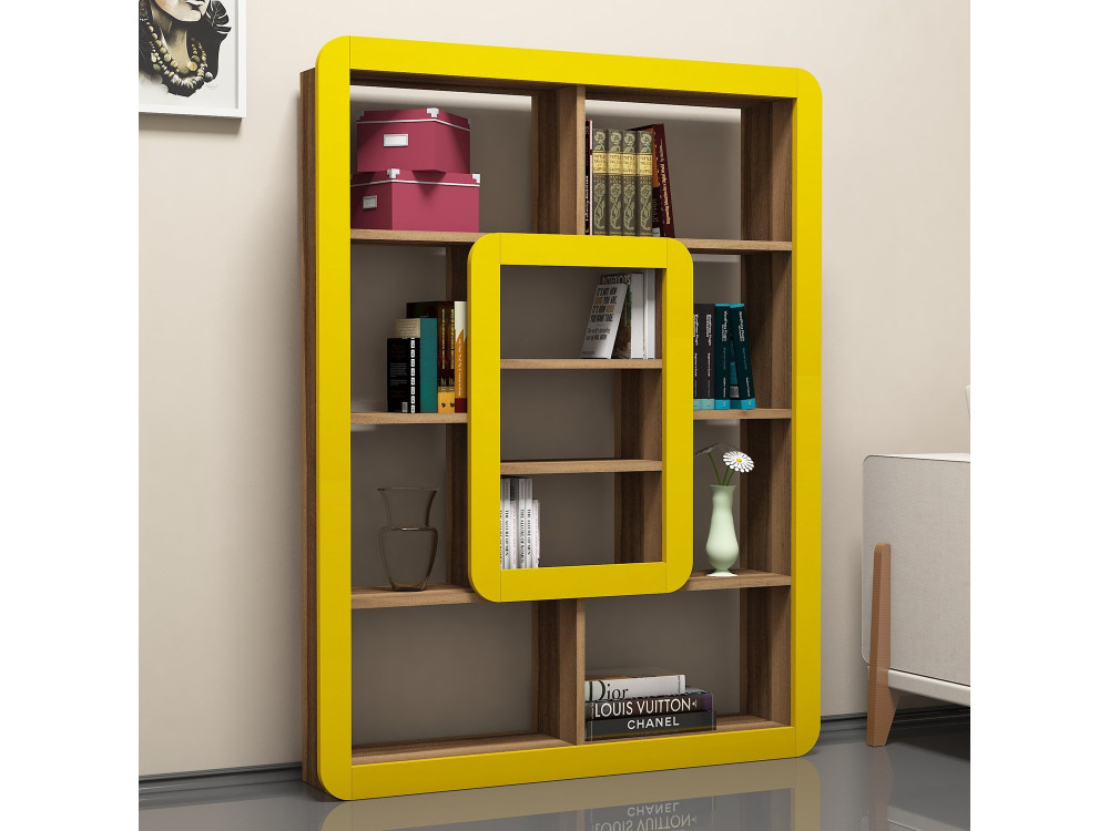 Holz Bücherregal "Orkide" - 108 x 21 x 140 cm - Walnuss, Gelb