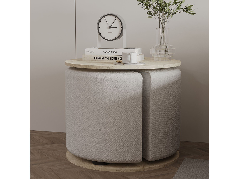 Beistelltisch mit Hocker aus Holz "Vexana" - 43 x 43 x 47 cm - Travertin