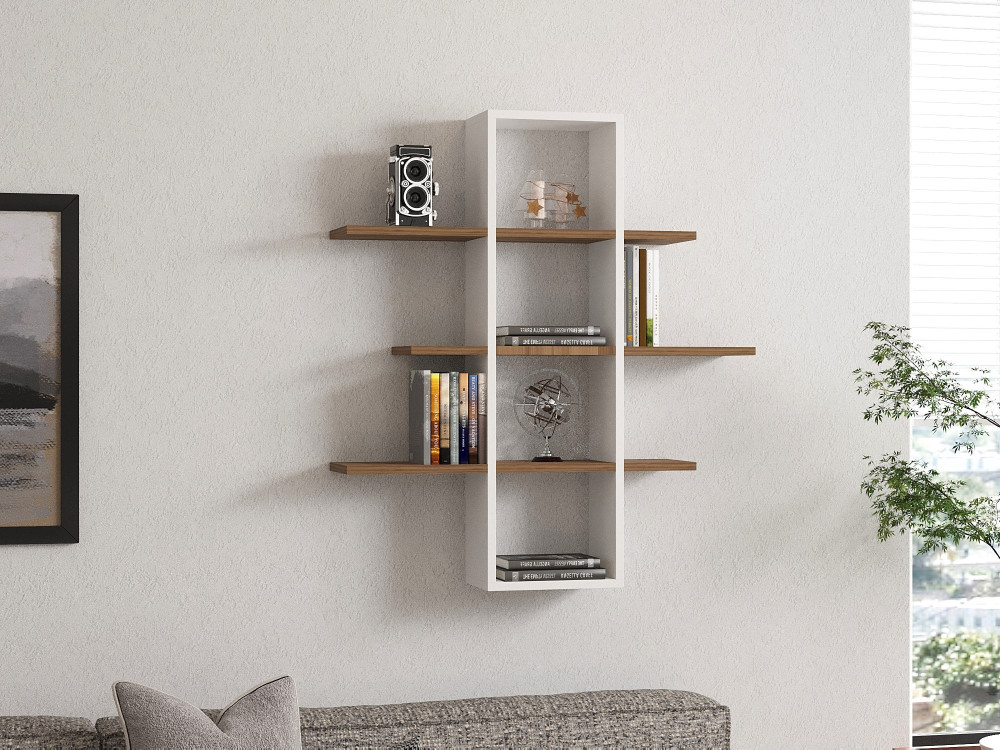 Wandregal aus Holz "Ardo" - 96 x 19 x 101 cm - Walnuss, Weiß