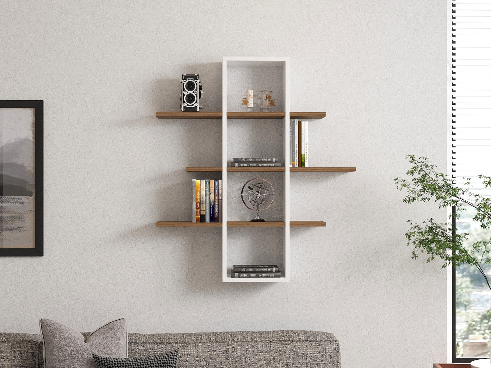 Wandregal aus Holz "Ardo" - 96 x 19 x 101 cm - Walnuss, Weiß