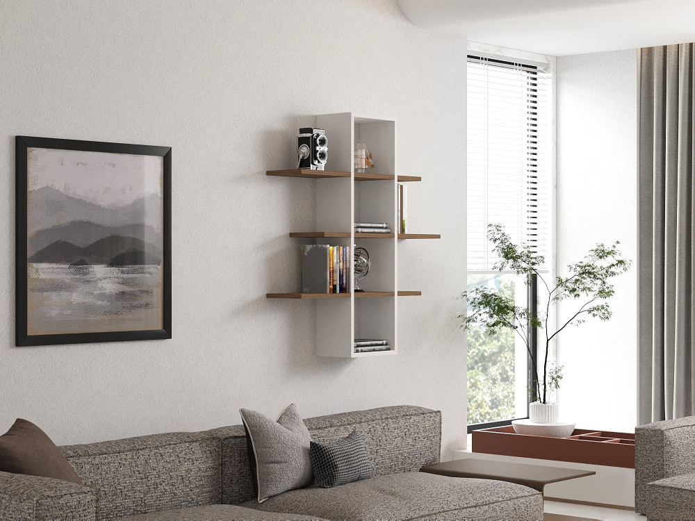 Wandregal aus Holz "Ardo" - 96 x 19 x 101 cm - Walnuss, Weiß