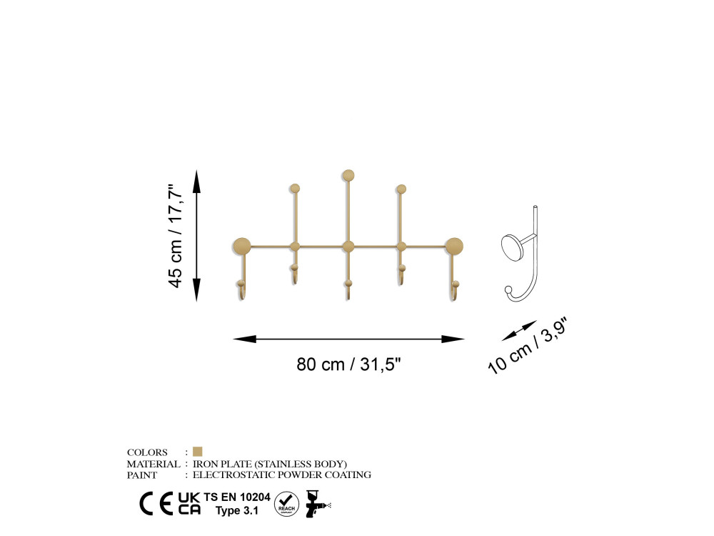 Wandhaken aus Metall "iyon-A" - 80 x 10 x 45 cm - Gold