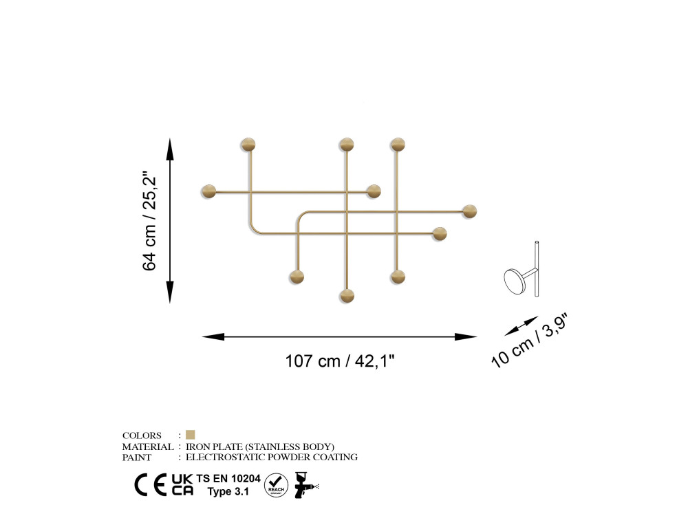 Wandhaken aus Metall "Samara" - 107 x 10 x 64 cm - Gold