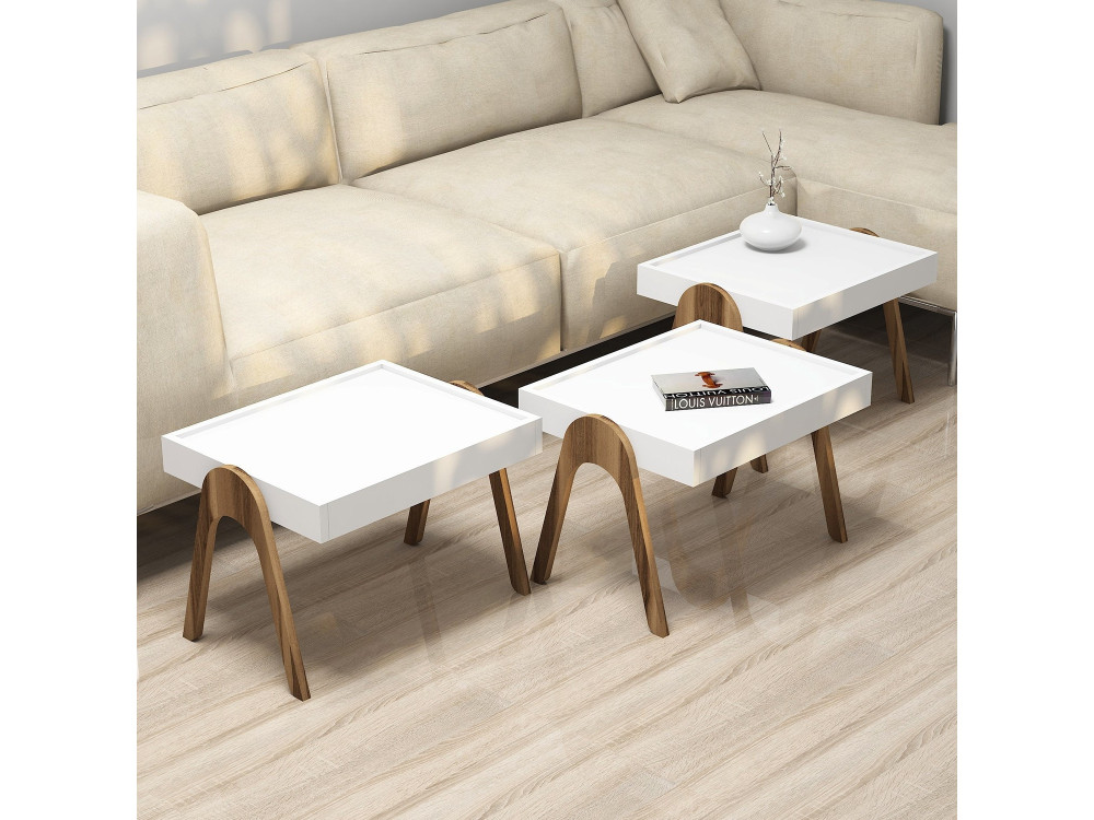 Satz von 3 Auszieh-Couchtischen "Roma" aus Holz - 53 x 40 x 64 cm - Weiß