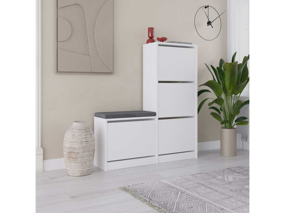 Schuhmöbel mit Holzsitz "Dude" - 105 x 26 x 118 cm - Weiß