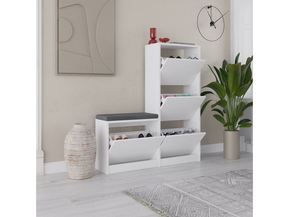 Schuhmöbel mit Holzsitz "Dude" - 105 x 26 x 118 cm - Weiß