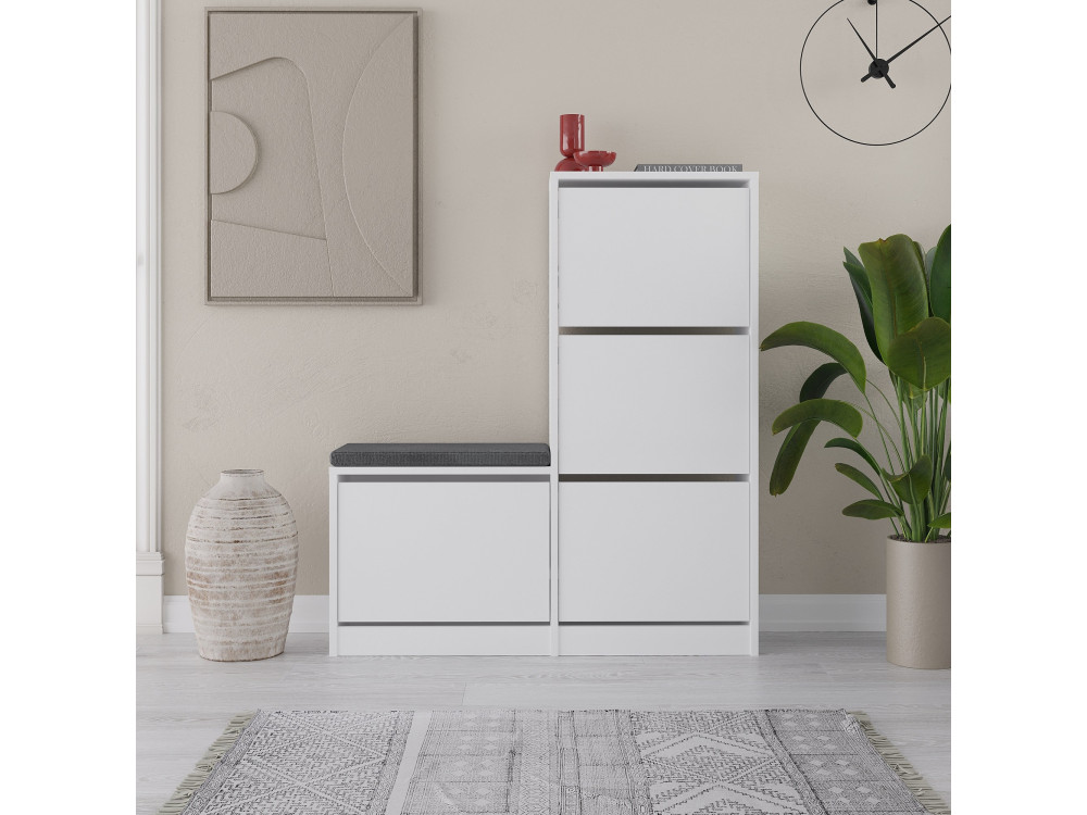 Schuhmöbel mit Holzsitz "Dude" - 105 x 26 x 118 cm - Weiß