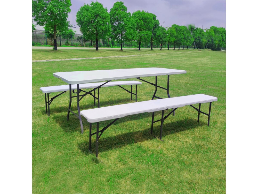 Set aus klappbarem Gartentisch + 2 Klappbänke "Foldy" - Weiß