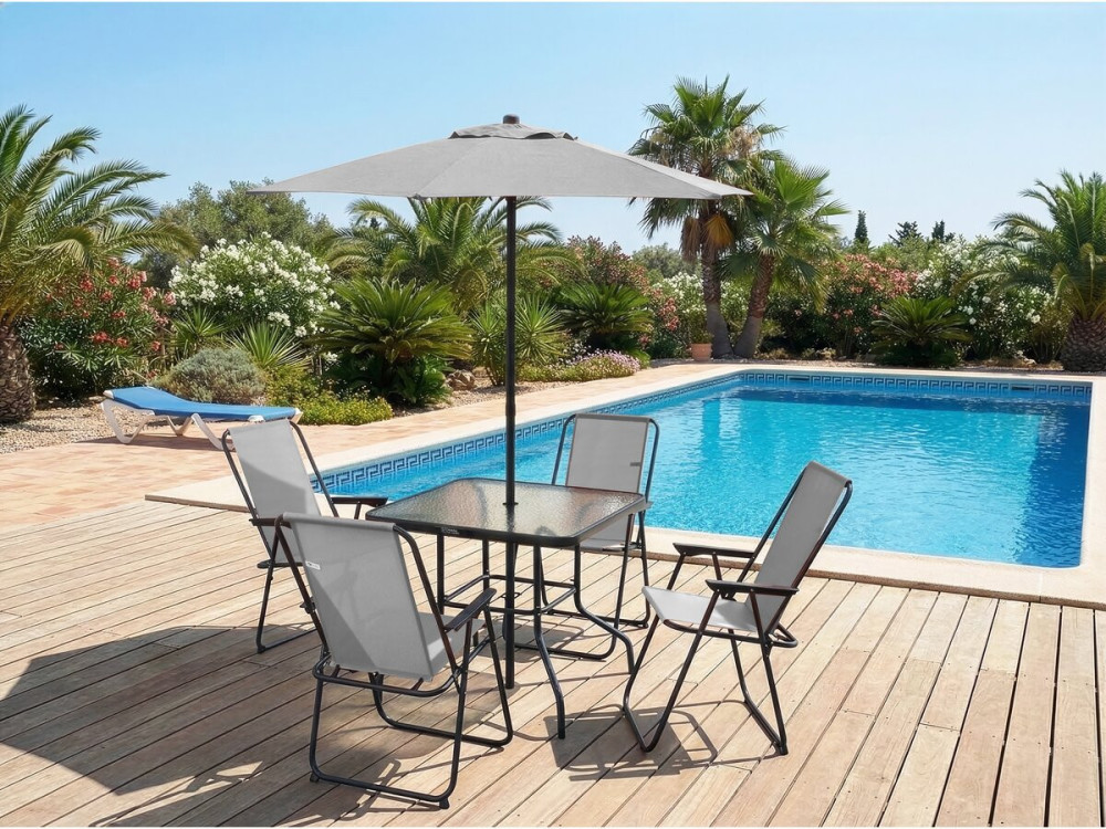Gartentisch und -stühle mit Sonnenschirm aus Metall "Convivia" - 4 Plätze - Hellgrau