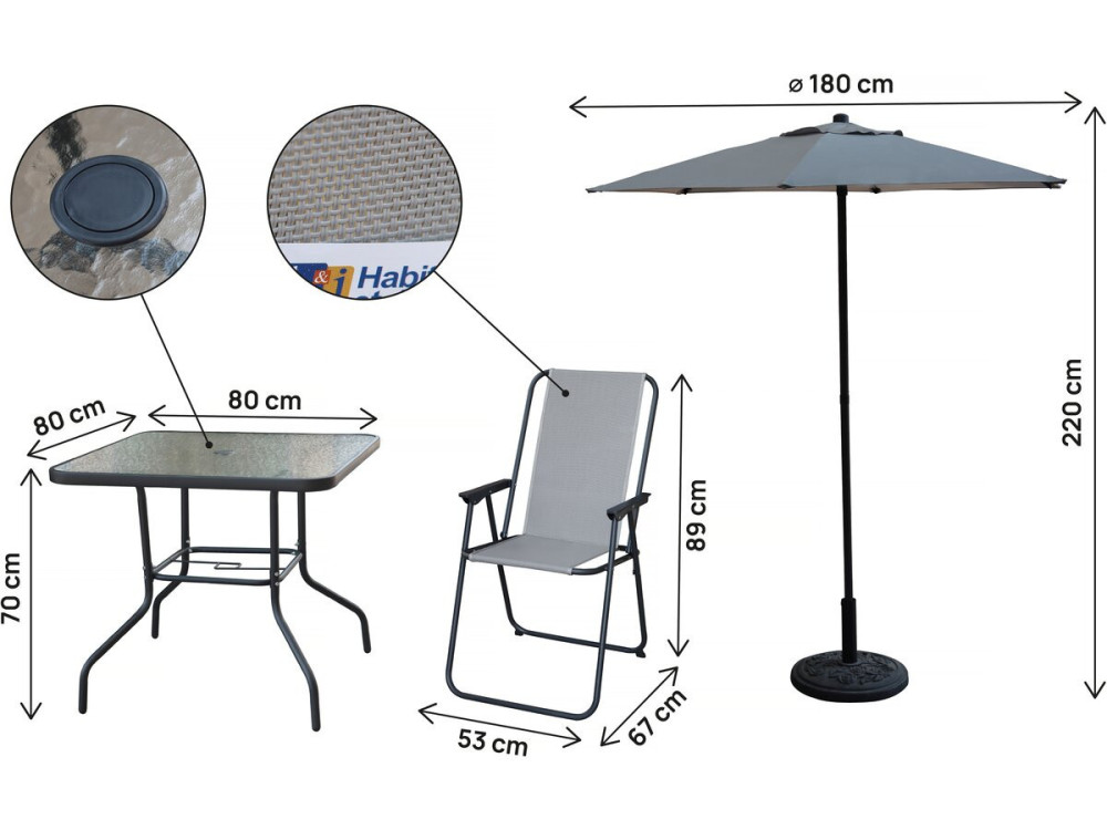 Gartentisch und -stühle mit Sonnenschirm aus Metall "Convivia" - 4 Plätze - Hellgrau