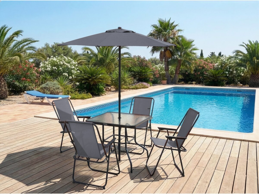 Gartentisch und -stühle mit Sonnenschirm aus Metall "Convivia" - 4 Sitzplätze - Anthrazitgrau