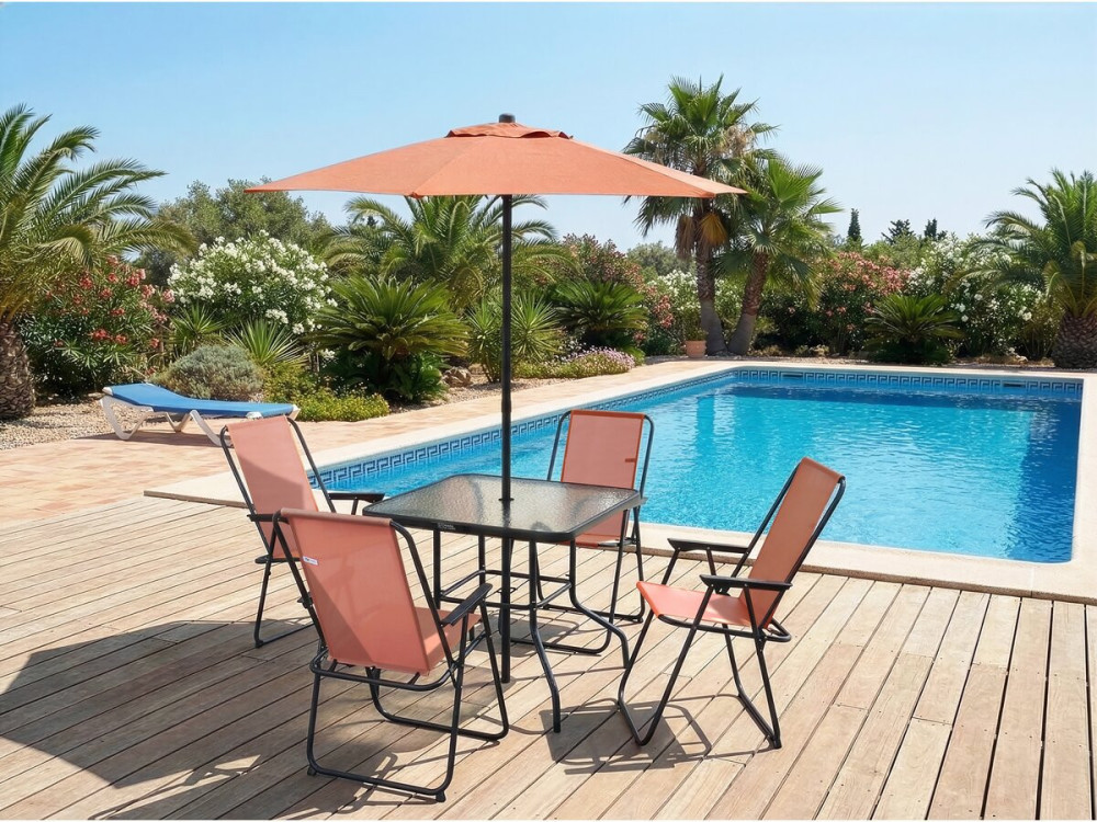 Gartentisch und -stühle mit Sonnenschirm aus Metall "Convivia" - 4 Plätze - Terracotta
