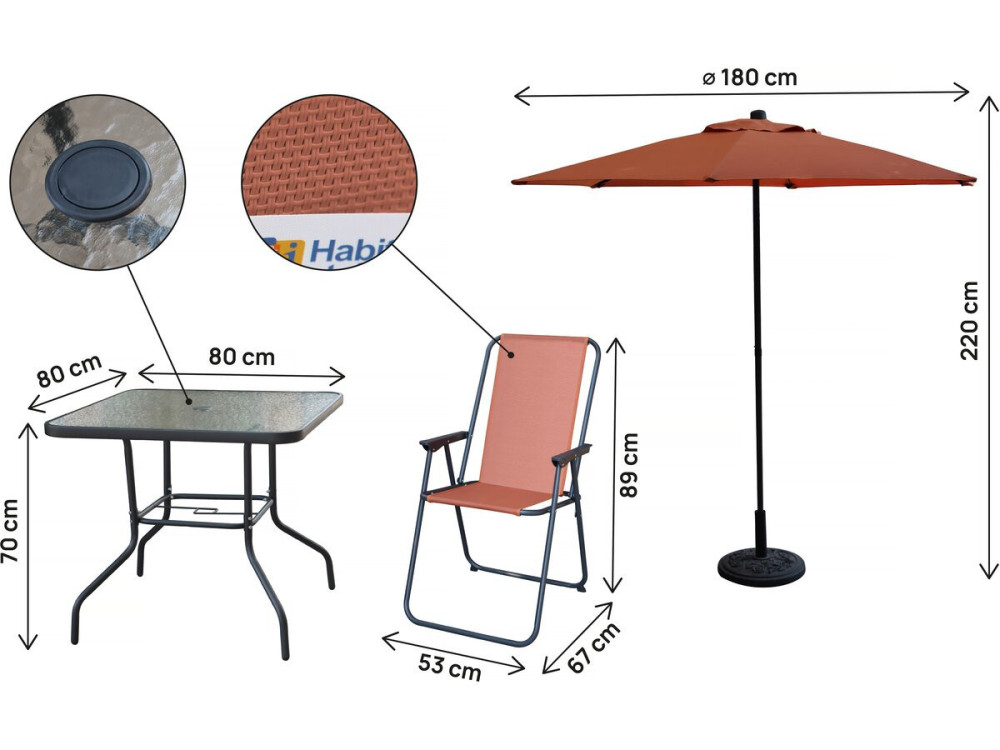 Gartentisch und -stühle mit Sonnenschirm aus Metall "Convivia" - 4 Plätze - Terracotta