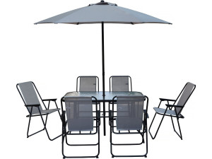 Gartentisch und -stühle mit Sonnenschirm aus Metall "Convivia" - 6 Plätze - Hellgrau