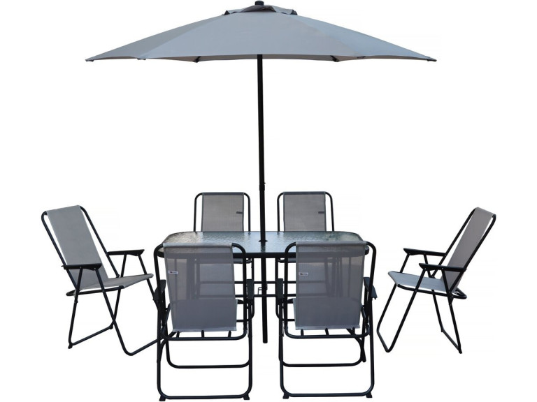 Gartentisch und -stühle mit Sonnenschirm aus Metall "Convivia" - 6 Plätze - Hellgrau