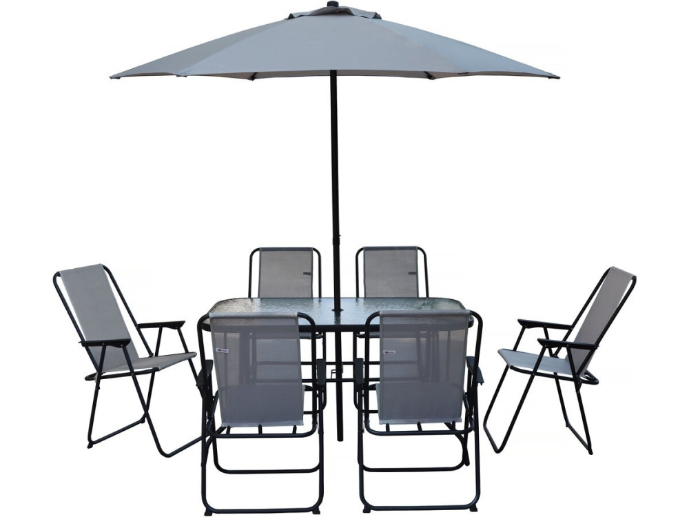 Gartentisch und -stühle mit Sonnenschirm aus Metall "Convivia" - 6 Plätze - Hellgrau
