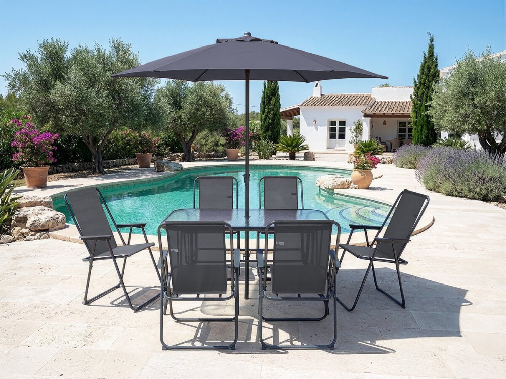 Gartentisch und -stühle mit Sonnenschirm aus Metall "Convivia" - 6 Plätze - Anthrazitgrau