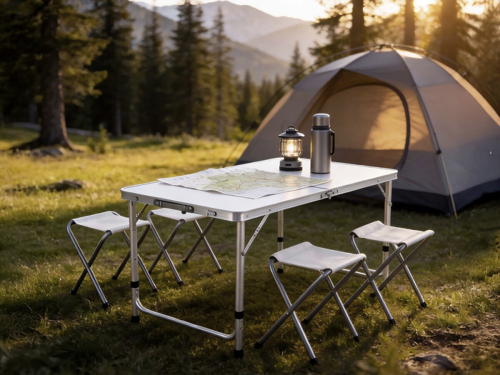 Set aus Campingtisch und 4 Klapphockern - 125 x 60 cm - Weiß