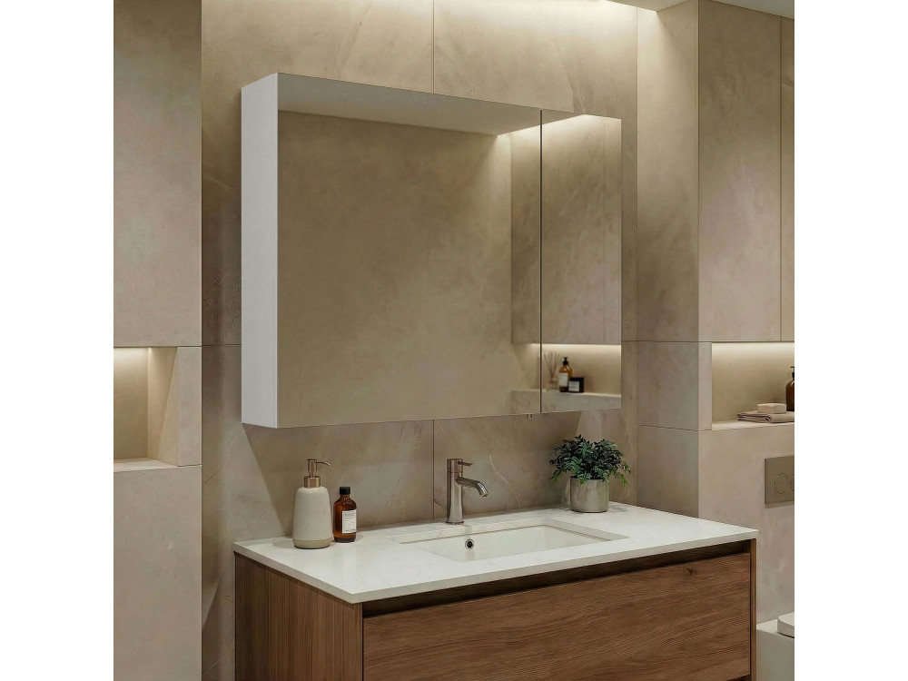 Badezimmerschrank mit Spiegel „Side 80“ – 79 x 16 x 66 cm – Mattweiß