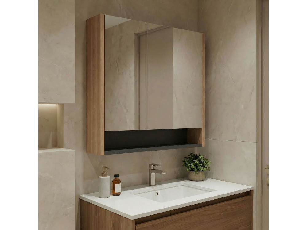 Badezimmerschrank mit Spiegel „Ricato 80“ – 80 x 16 x 78 cm – Walnuss